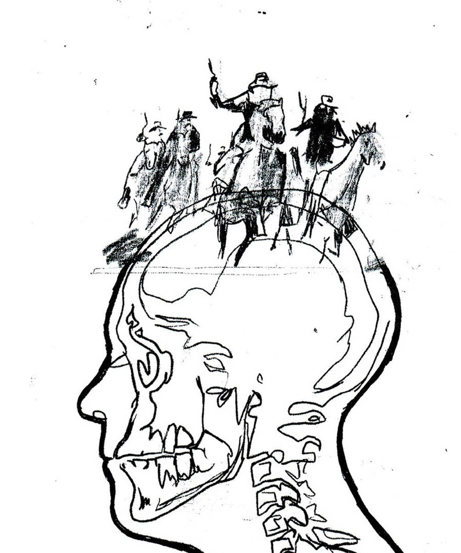 Ett konstverk av Åke Sjöberg. Ett människohuvud i profil som är svartvitt. Ovanpå huvudet kommer fyra hästar ridandes med vad som liknar cowboys ovanpå.