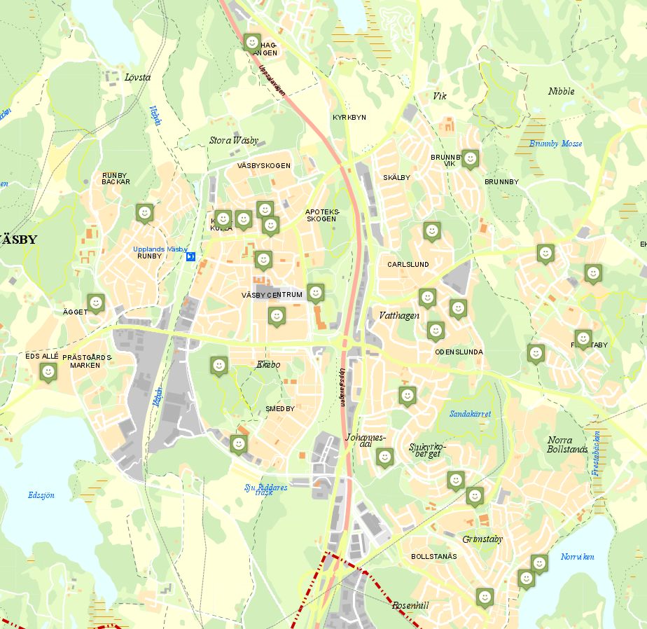 Karta över lekplatser i Upplands Väsby kommun