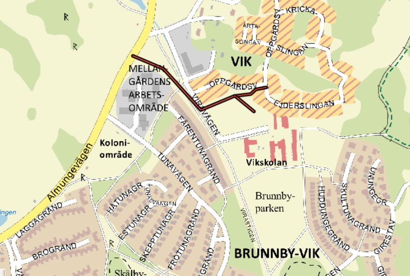 Kartbild markerad med den tillfälliga vägen mellan Almungevägen och Viravägen