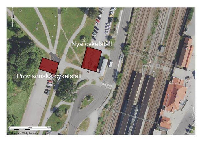 FLygbild över arbetsområdet med markering på arbetsplats och tillfälliga cykelparkeringen