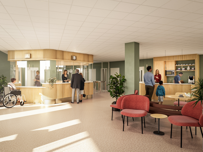 Animerad bild som visar en kommunreception. Där finns även ett café med en mikrovågsugn. Det är flera tecknade personer på bilden som är i vid kommunreceptionen.