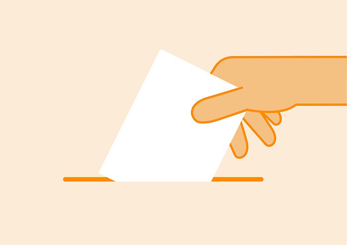 En tecknad hand som lägger ner ett kuvert i en brevlåda symboliserar att rösta i valet 2022.