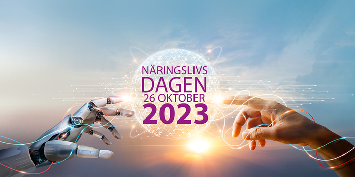 En datorhand och en mänsklig hand pekar mot en glittrande kula med texten Näringslivsdagen 26 oktober 2023.