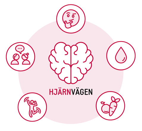En symbol i form av en hjärna illustrerad i röda färger tillsammans med fem olika symboler kopplat till hälsoområden i en livsstilsförändring.
