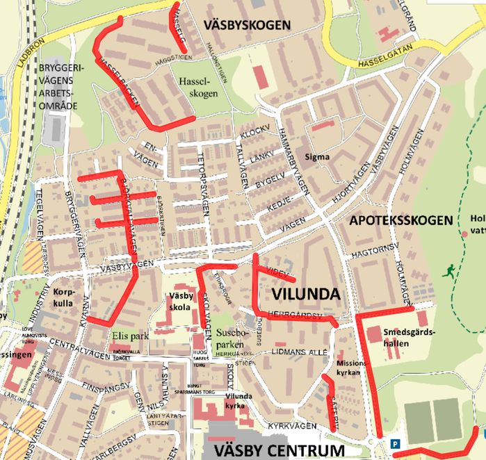 Kartbild över de gator i centrala Väsby som får ny belysning