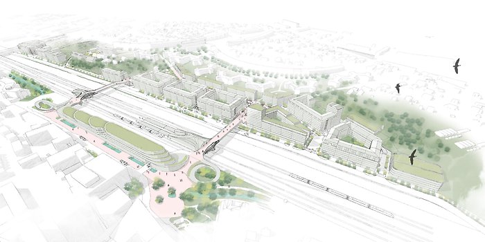 Illustration över hur Väsby Entré kan se ut i framtiden med ett nytt stationsområde.
